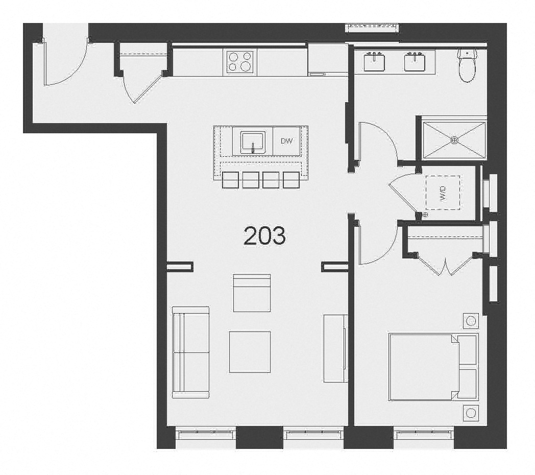 Floor plan for 1 bed, 1 bath, 797 sqft